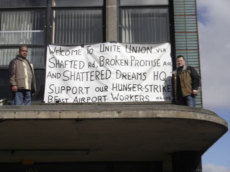 Click on image to see full-sized version Belfast airport workers occupy Transport House seeking jusice