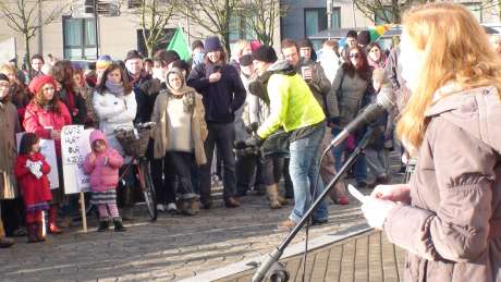 Ann Irwin of the Community Worker's Co-op addressing protesters