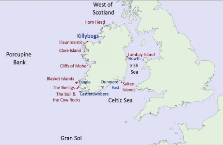 Click on image to see full-sized version Location of main fishing ports (blue), fishing grounds (black) and major seabird colonies (red) in Irish waters