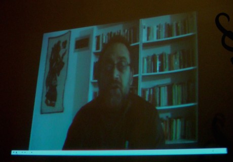 Dr. Haidar Eid of the Islamic University in Gaza address the audience from Gaza