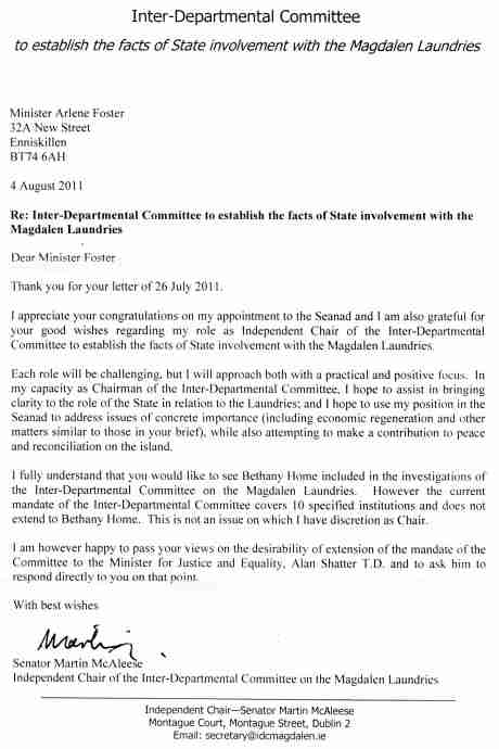 Martin McAleese letter to Arlene Foster