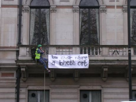 �You should be ashamed� says the banner in Gaelic 