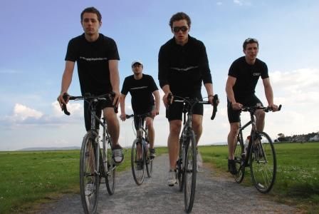 Click on image to see full-sized version (Left to right) Ronan Sheehan, John Maher, Eoghan Quinn, Gearóid Ó Cuinn. P2P team cycling in South Park, Claddagh, Galway.