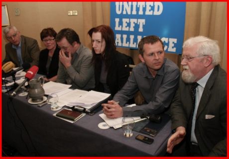 Eddie Colgan (3rd from left) introduced the ULA's newly elected TD's at their first press conferecne today. Paddy Healy (speaking 1st on right) is representing his brother S�amus Healy of WUAG/ULA.