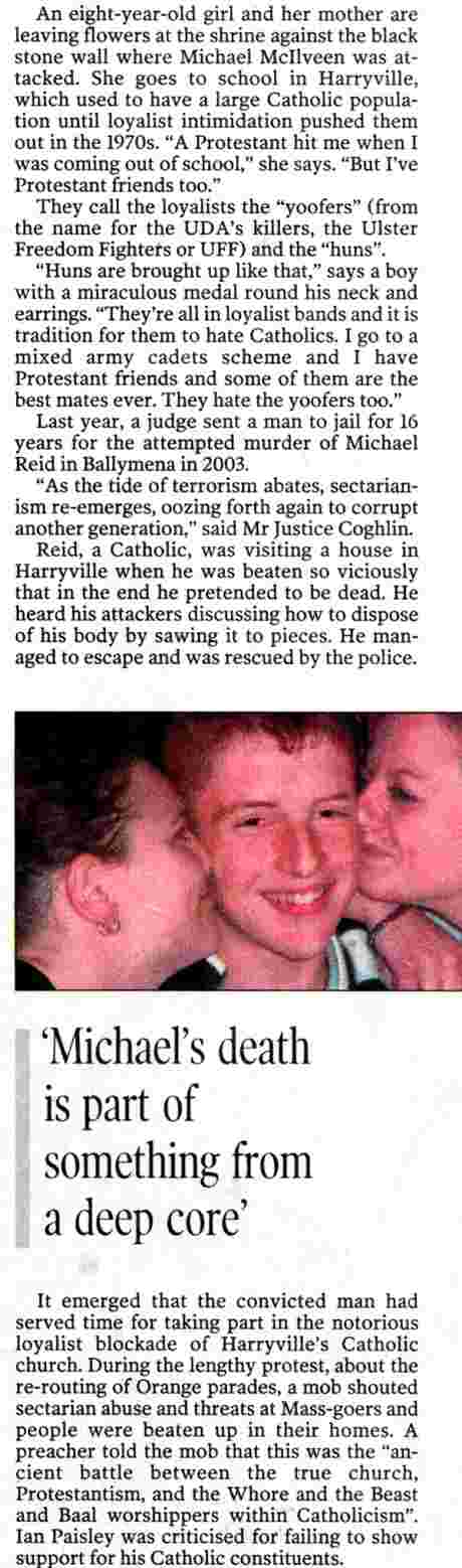 Click on image to see full-sized version Picture of Michael McIlveen being kissed by Protestant friends - text indicates nexus of unionist sectarianism (McKay IT 13 May 06)
