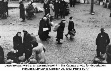 Click on image to see full-sized version Jews are gathered at an assembly point in the Kaunus Ghetto for deportation, Kaunus Lithuania, October 26, 1943.