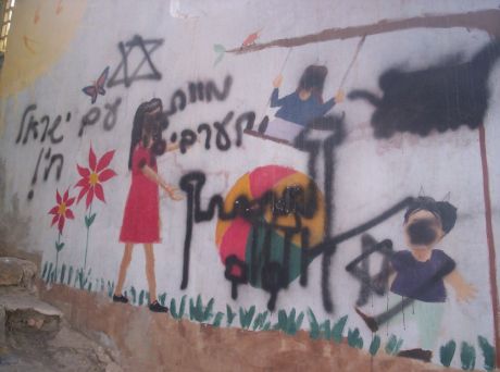 Click on image to see full-sized version Anti+Arab graffiti near Qurtuba school - Tel Rumeida, Hebron